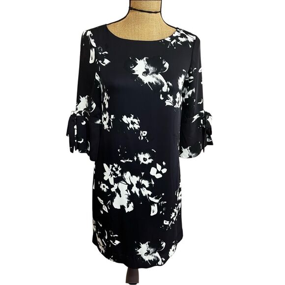 H&M Navy Satin Floral Shift Dress Size 4 Sleeve Bow Cuff Elegant Cocktail NWT - Picture 5 of 8